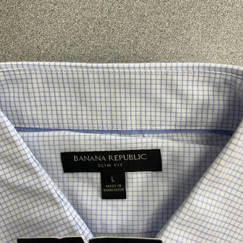 Banana Republic Men's L Slim Fit Stretch Poplin Shirt Blue Checkered  G1859